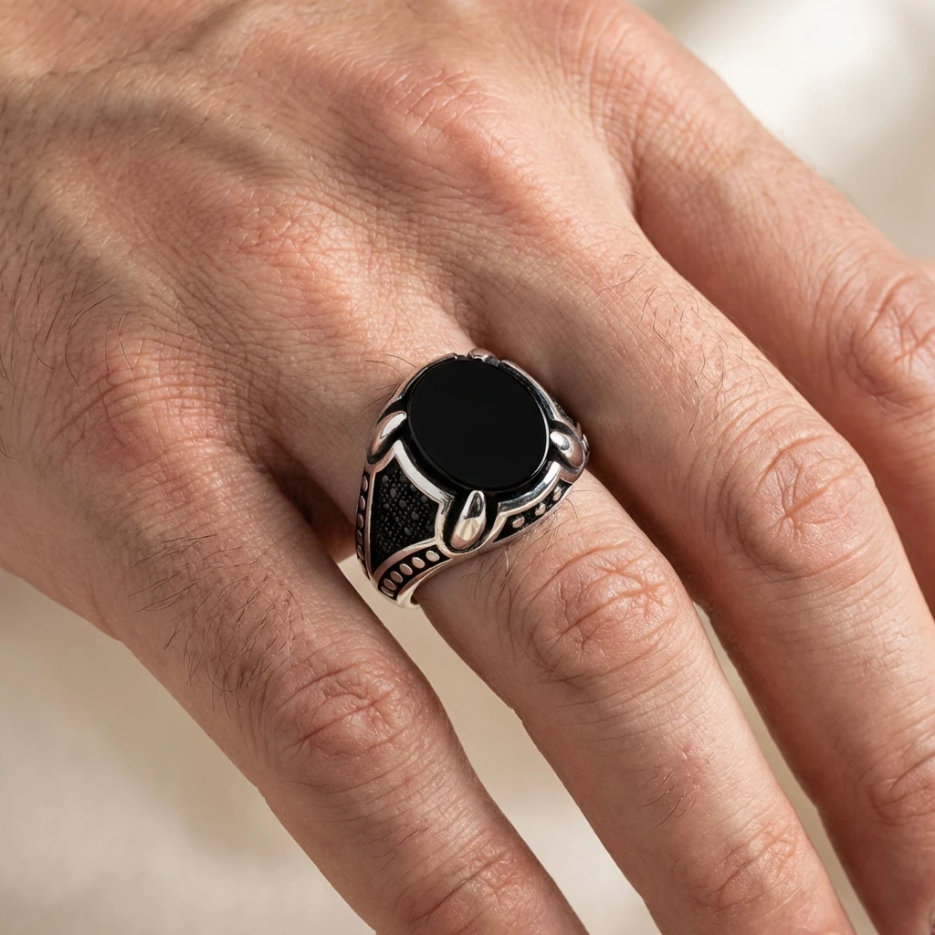 Özel Pençe Tasarım Yuvarlak Siyah Oniks Erkek Yüzük