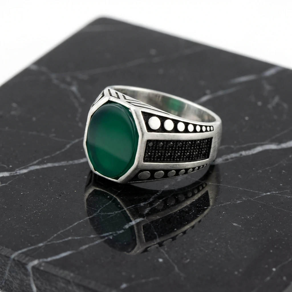 Sekizgen Yeşil Akik Taşlı Erkek Yüzük