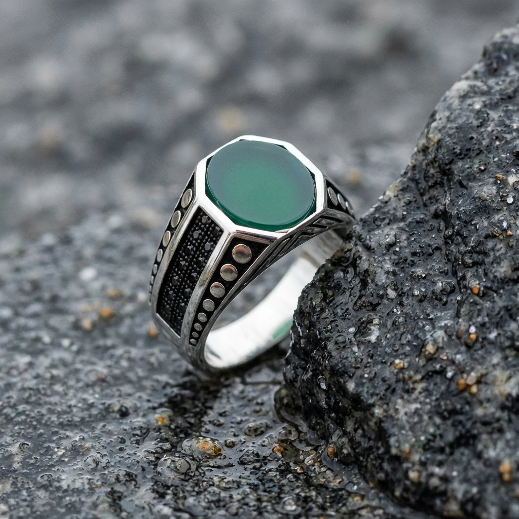 Sekizgen Yeşil Akik Taşlı Erkek Yüzük
