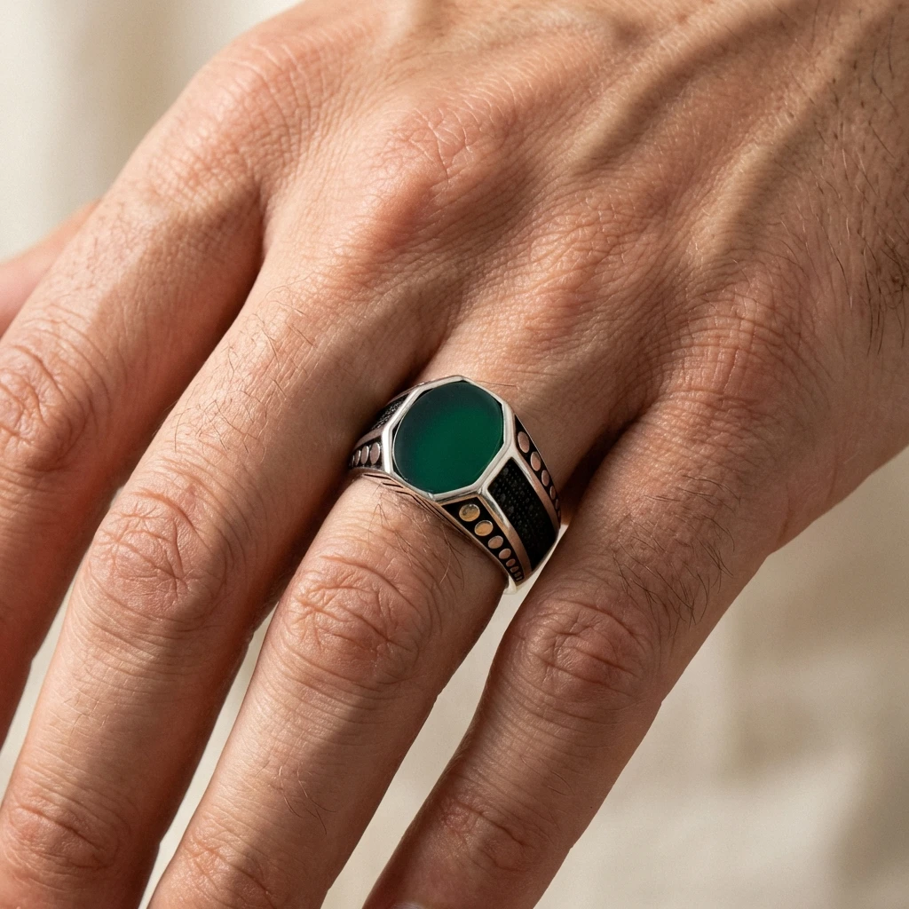 Sekizgen Yeşil Akik Taşlı Erkek Yüzük