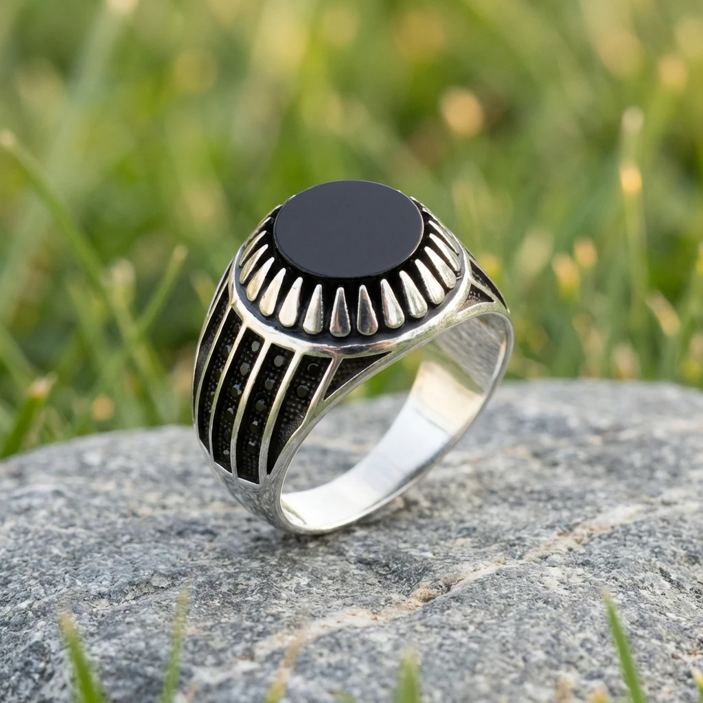 Işınsal Desenli Yuvarlak Siyah Oniks Erkek Yüzük