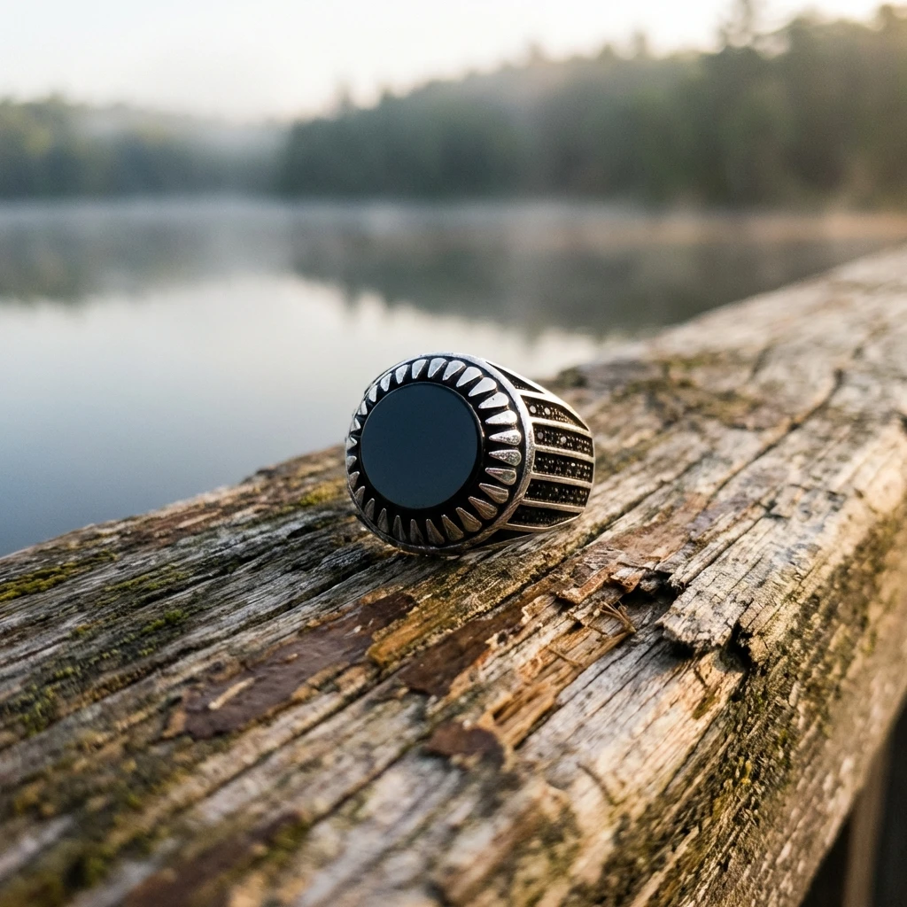 Işınsal Desenli Yuvarlak Siyah Oniks Erkek Yüzük