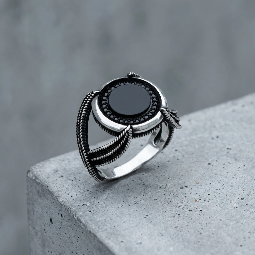 Üçlü Halat Tasarım Yuvarlak Siyah Oniks Erkek Yüzük