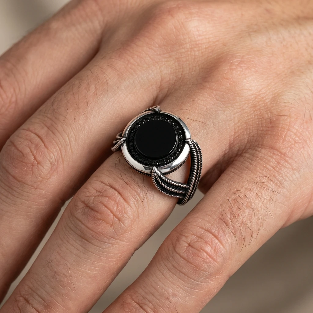 Üçlü Halat Tasarım Yuvarlak Siyah Oniks Erkek Yüzük