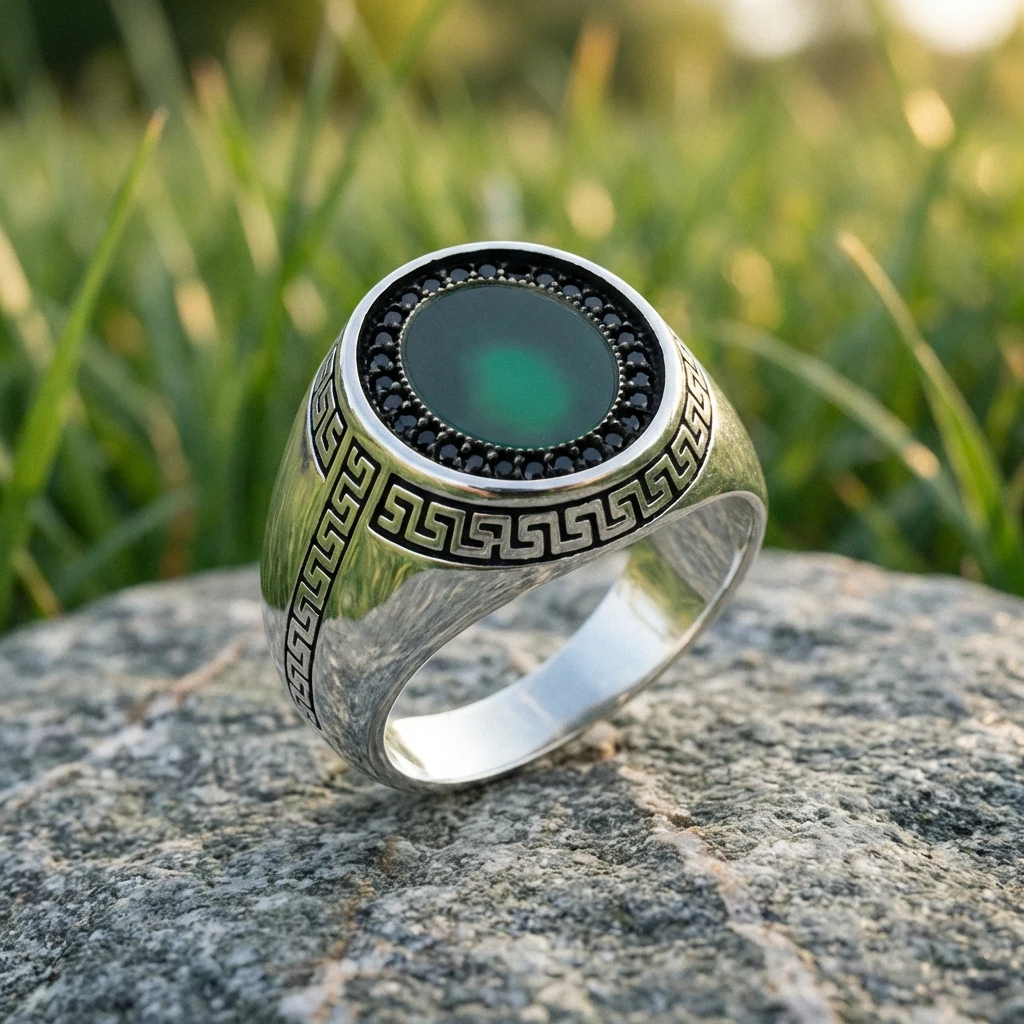 Grek Desenli Yuvarlak Yeşil Akik Erkek Yüzük