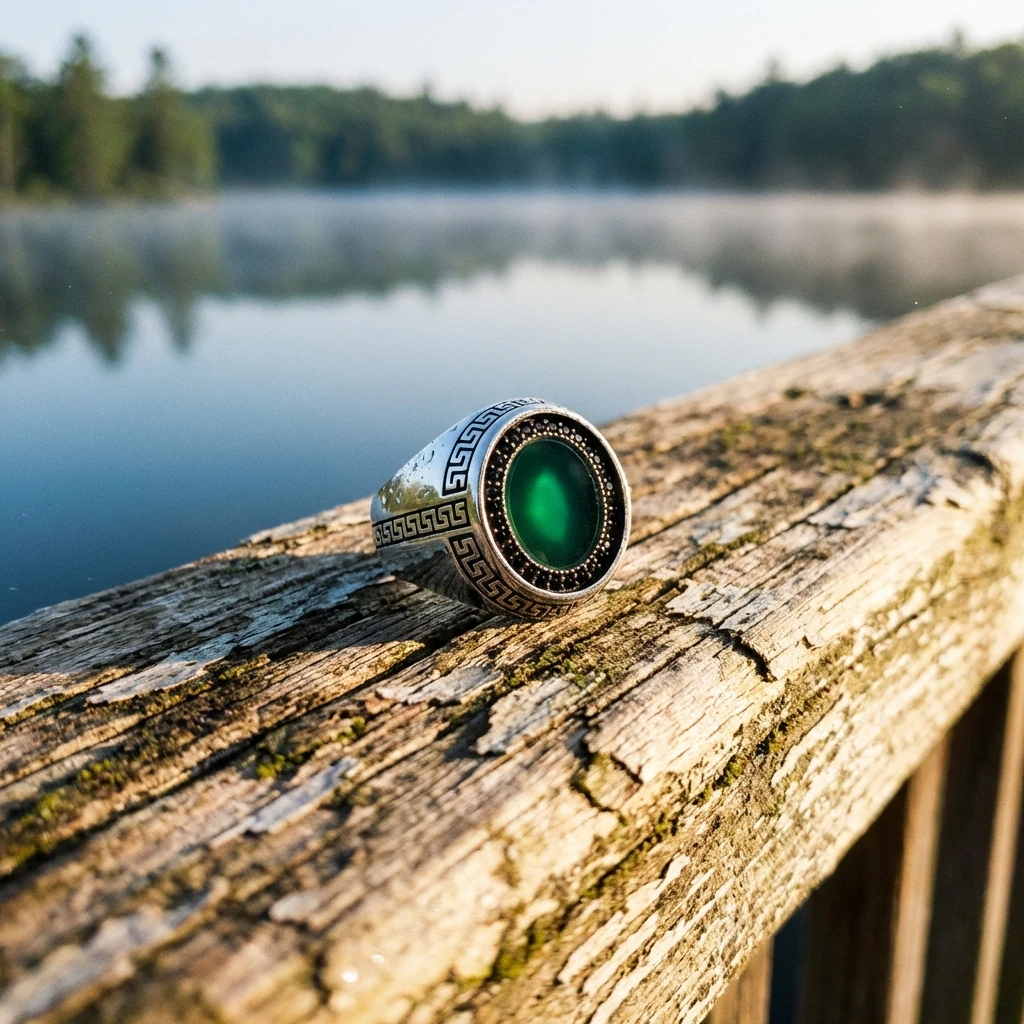 Grek Desenli Yuvarlak Yeşil Akik Erkek Yüzük