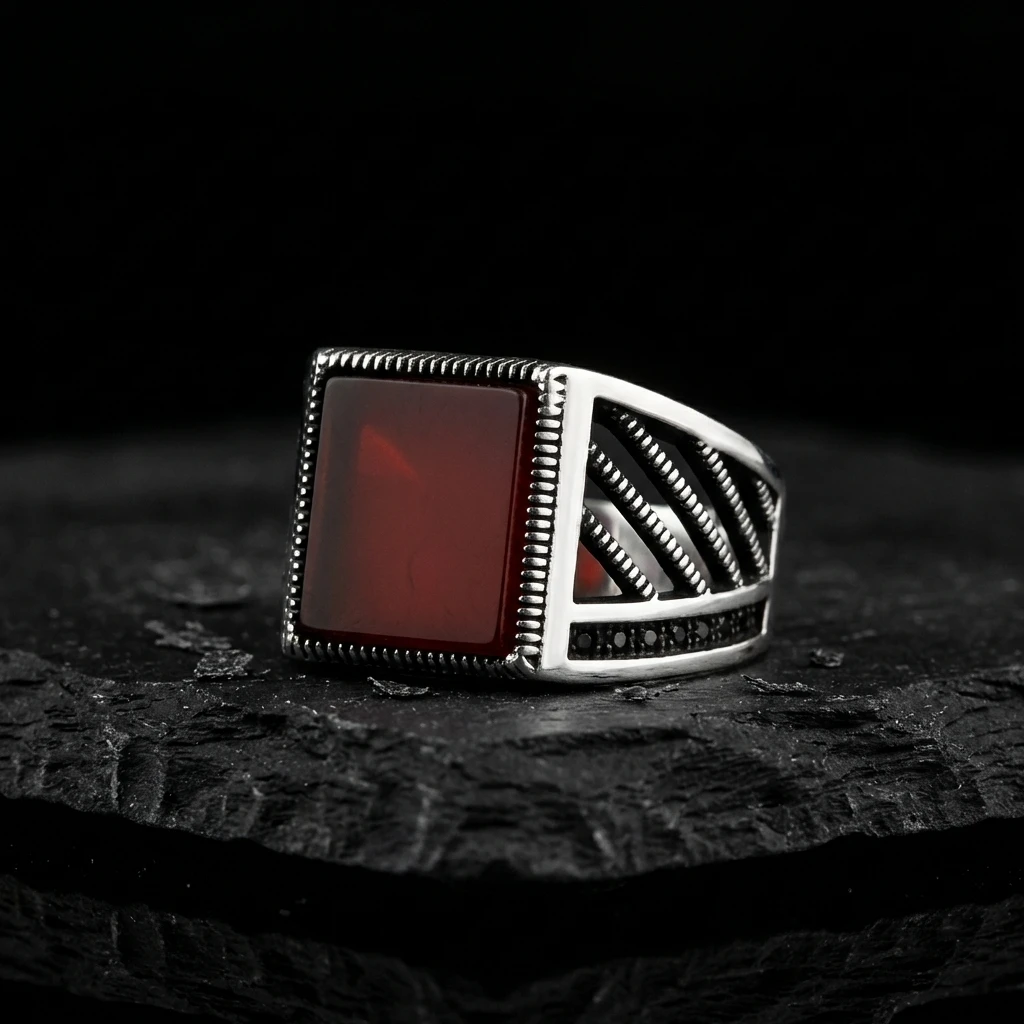 Kare Turuncu Akik Taşlı Diyagonal Tasarım Erkek Yüzük