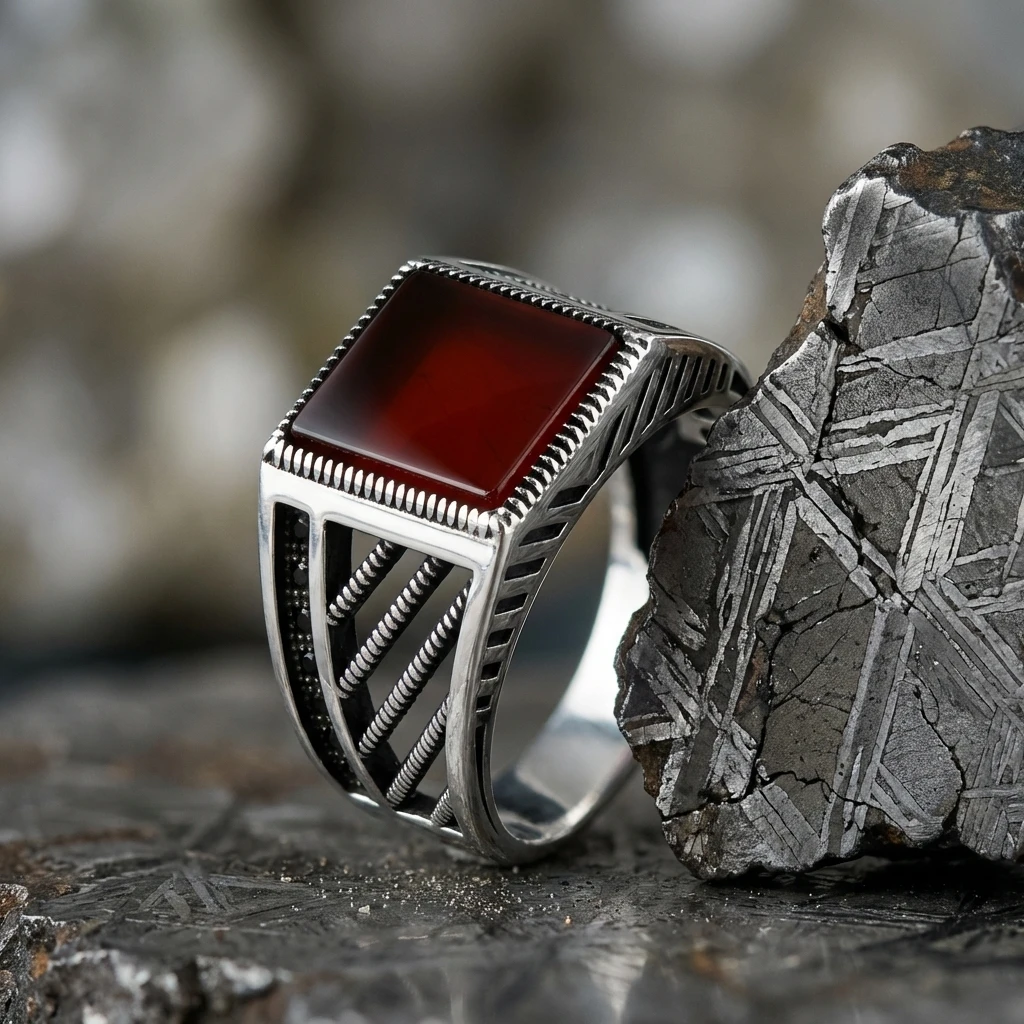 Kare Turuncu Akik Taşlı Diyagonal Tasarım Erkek Yüzük