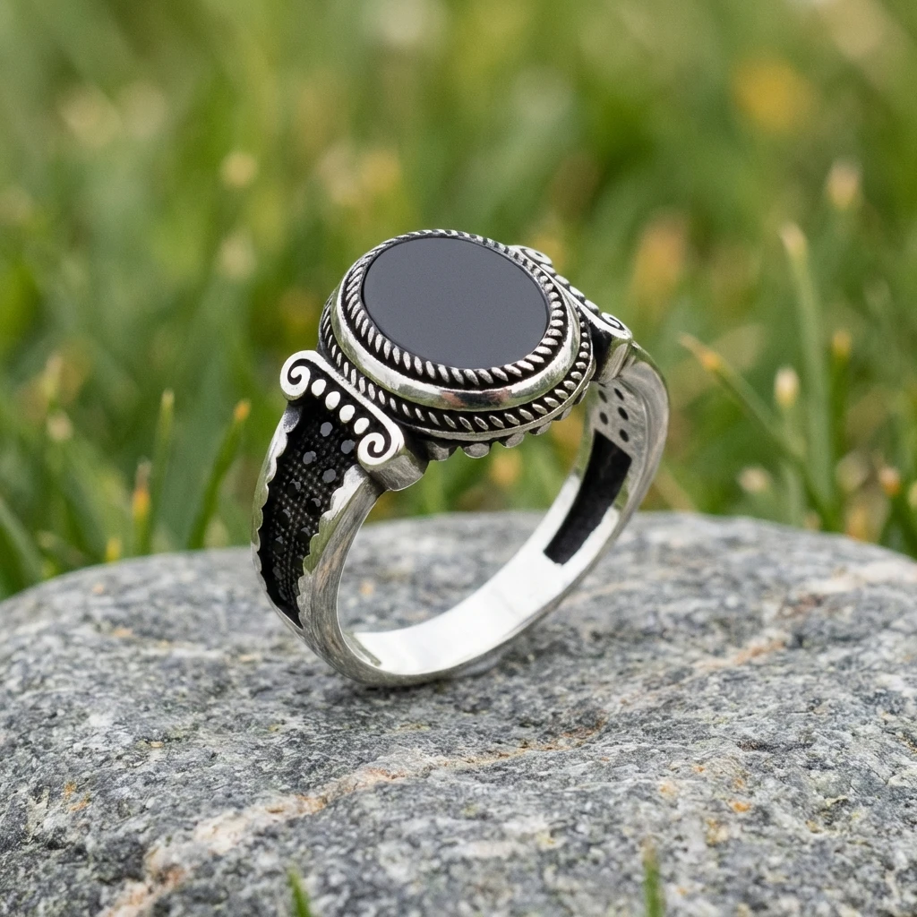 Sarmal İşlemeli Yuvarlak Siyah Oniks Erkek Yüzük