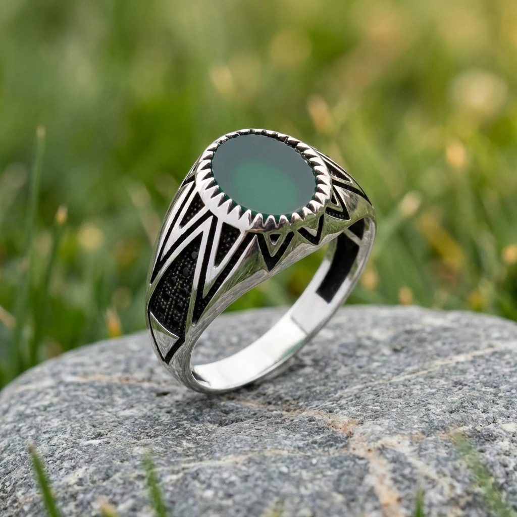 Keskin Geometrik Hatlı Yeşil Akik Erkek Yüzük