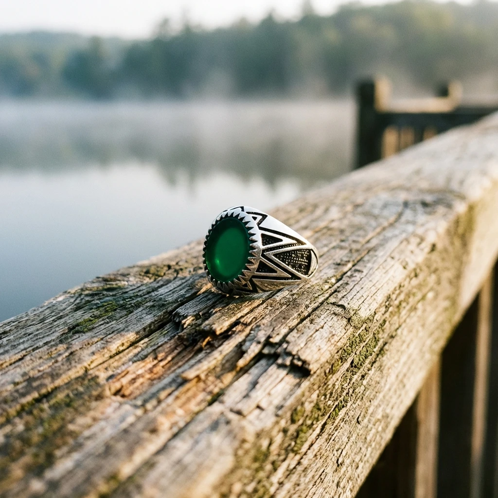 Keskin Geometrik Hatlı Yeşil Akik Erkek Yüzük