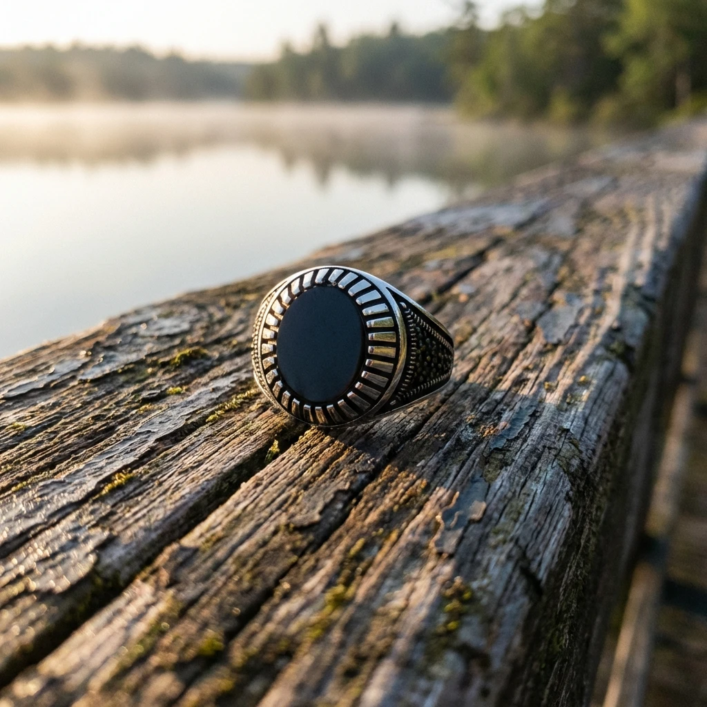 Işınsal Tasarım Yuvarlak Siyah Oniks Erkek Yüzük