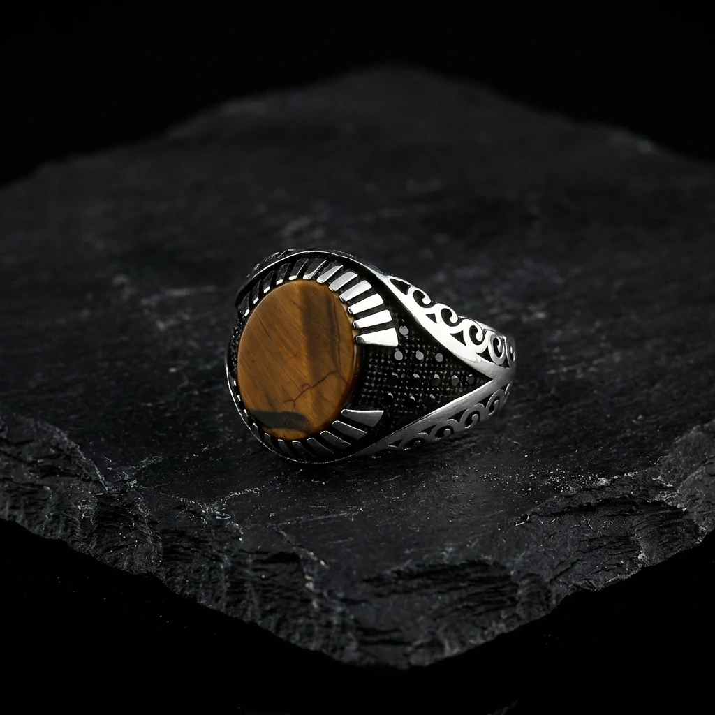 Sarmal İşlemeli Oval Kaplan Gözü Erkek Yüzük