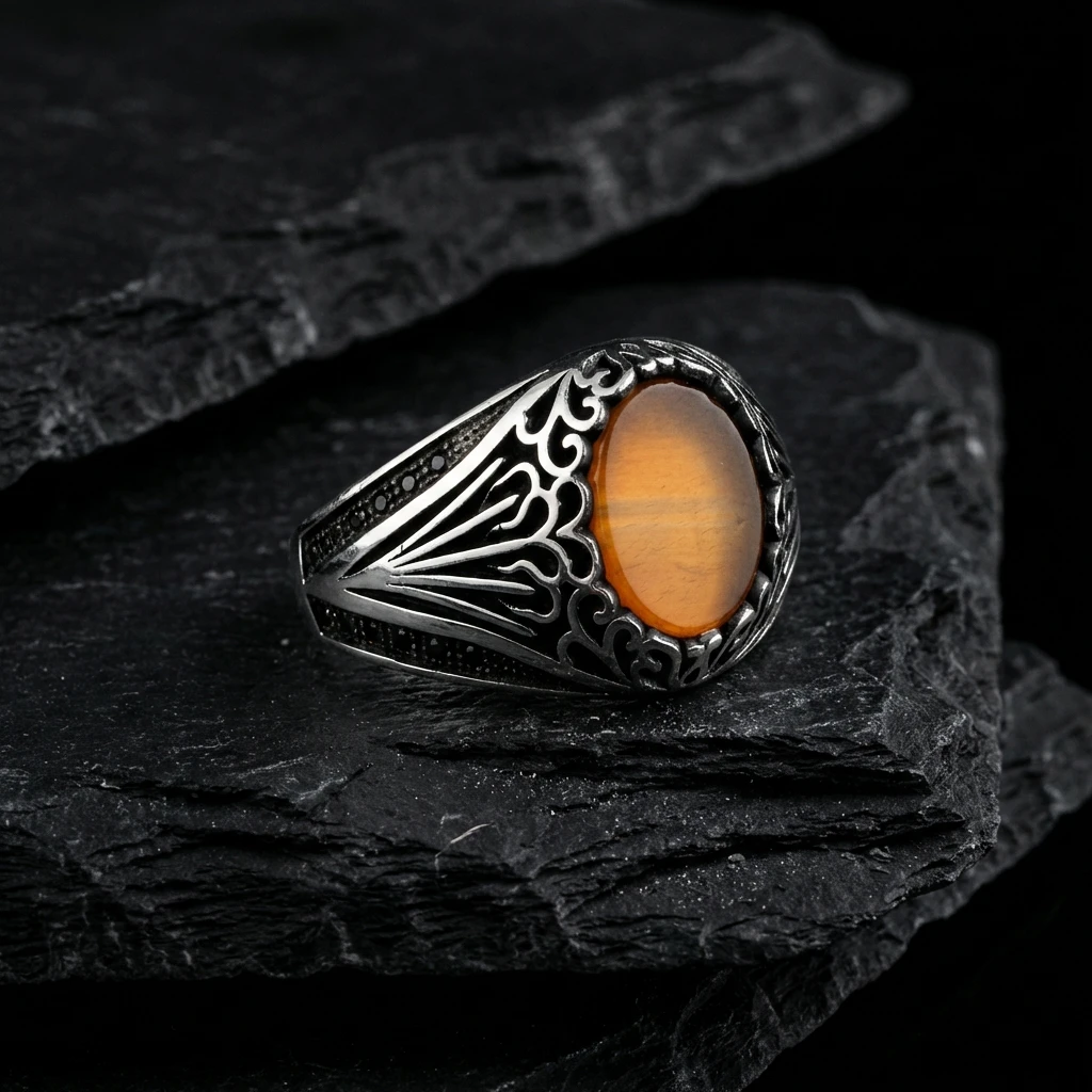 Ajur İşlemeli Oval Kaplan Gözü Erkek Yüzük