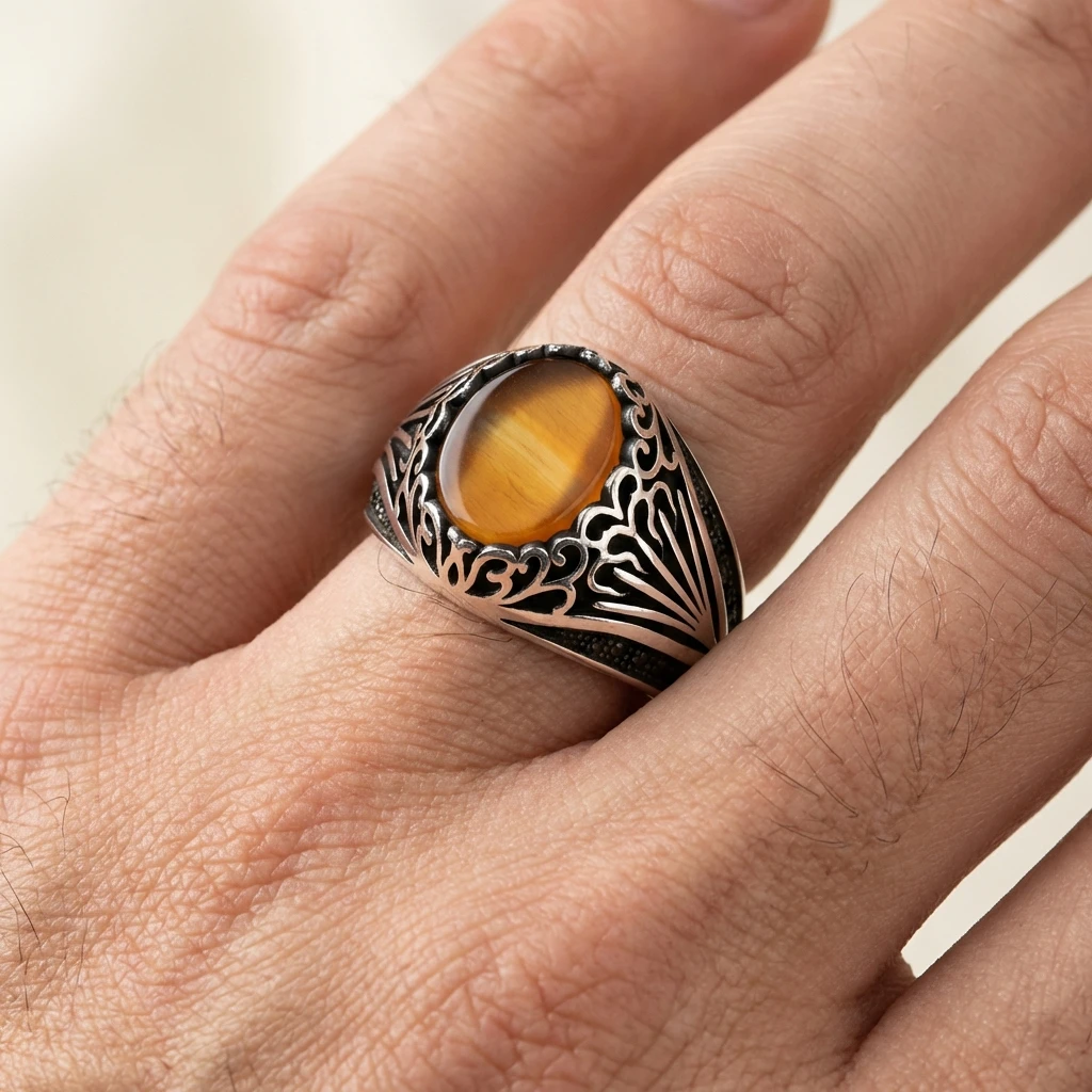 Ajur İşlemeli Oval Kaplan Gözü Erkek Yüzük