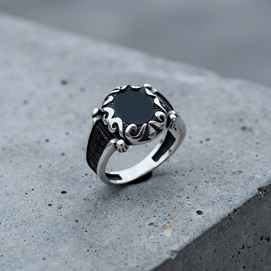 Kavisli İşlemeli Yuvarlak Siyah Oniks Erkek Yüzük