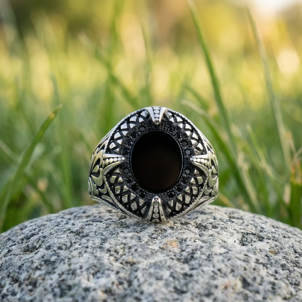 Yaprak Motifli ve Baklava Dilimli Siyah Oniks Erkek Yüzük