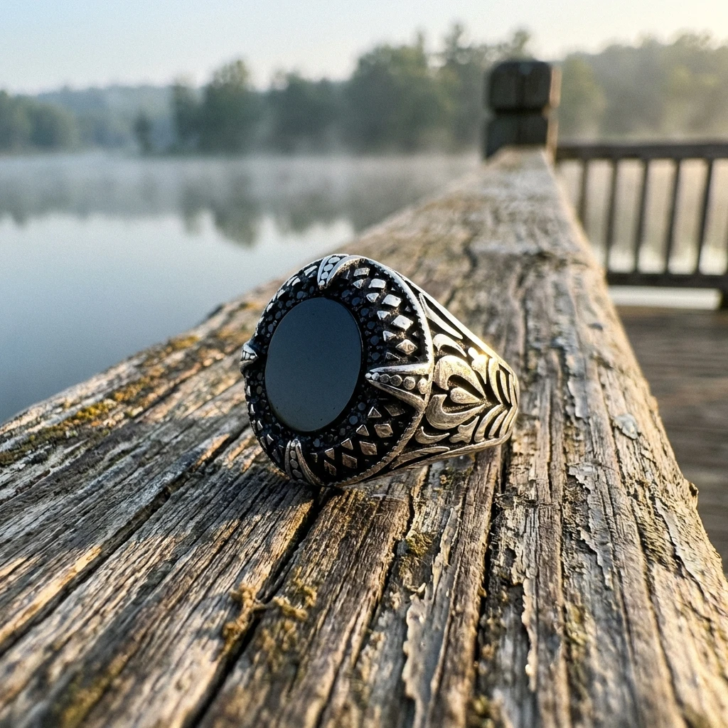 Yaprak Motifli ve Baklava Dilimli Siyah Oniks Erkek Yüzük