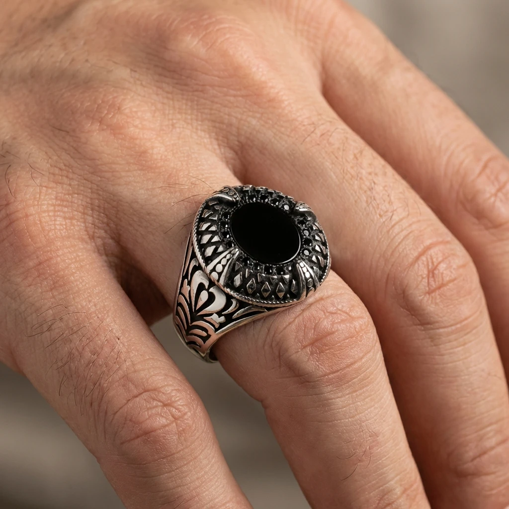 Yaprak Motifli ve Baklava Dilimli Siyah Oniks Erkek Yüzük