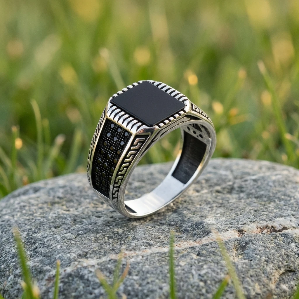 Grek Desenli Kare Siyah Oniks Erkek Yüzük