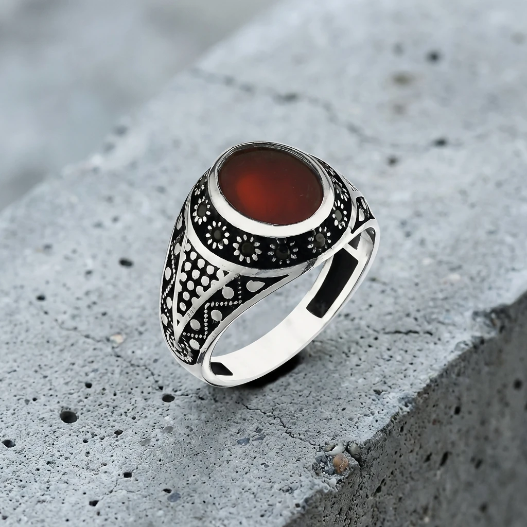 Işıltılı Kırmızı Akik Erkek Yüzük