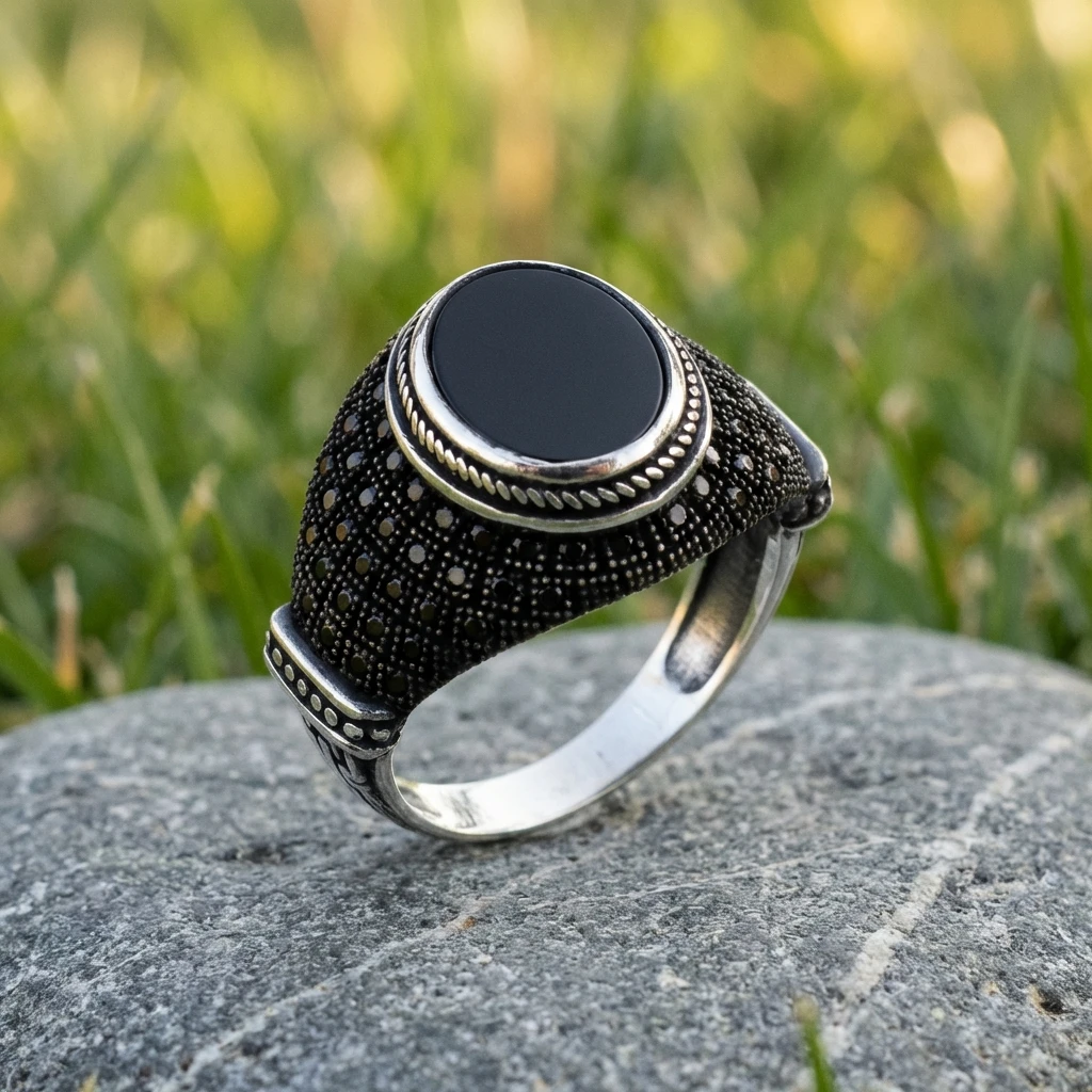 Mikro Zirkon Taş İşlemeli Siyah Oniks Erkek Yüzük