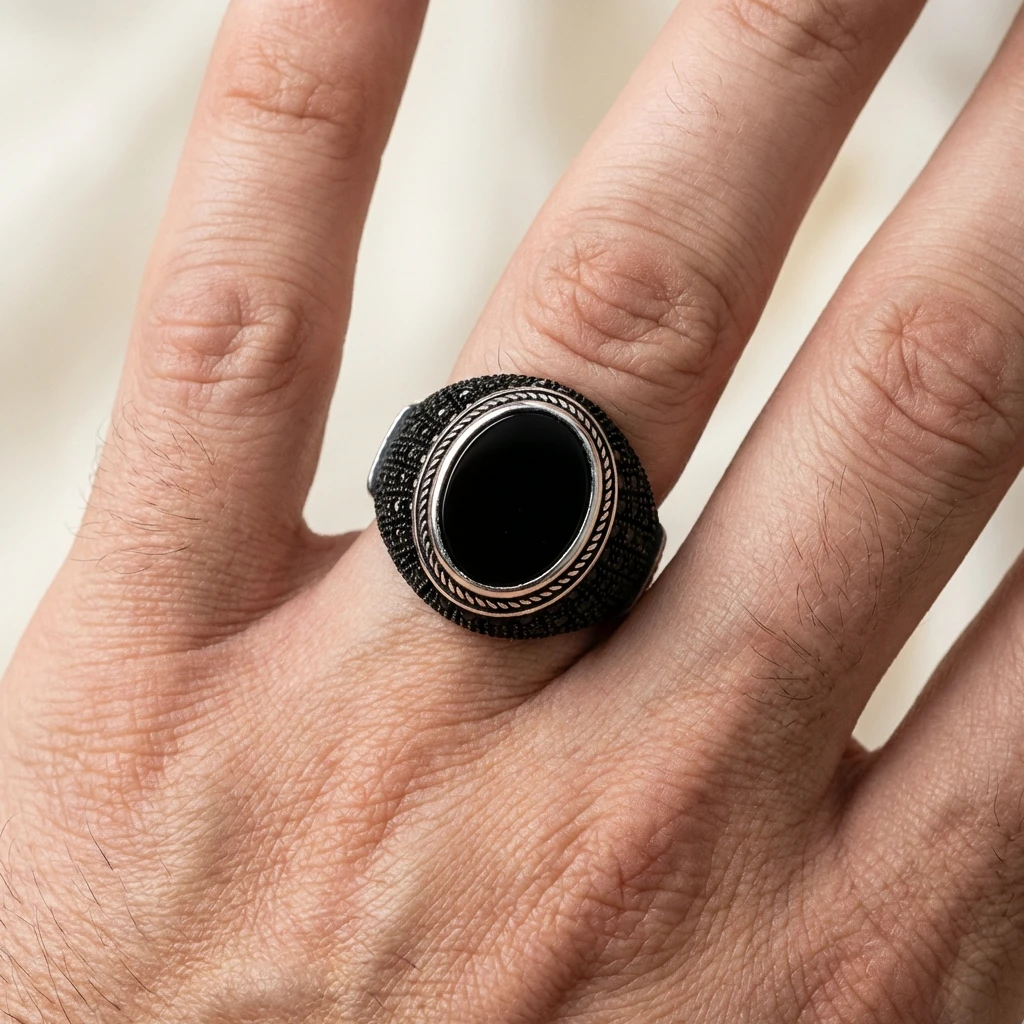 Mikro Zirkon Taş İşlemeli Siyah Oniks Erkek Yüzük