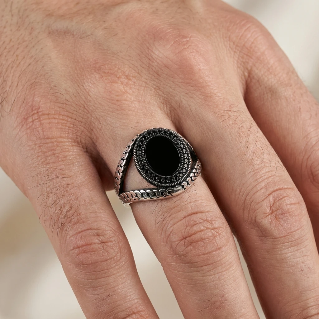 V-Kordon Tasarım Örgü Motifli Siyah Oniks Erkek Yüzük