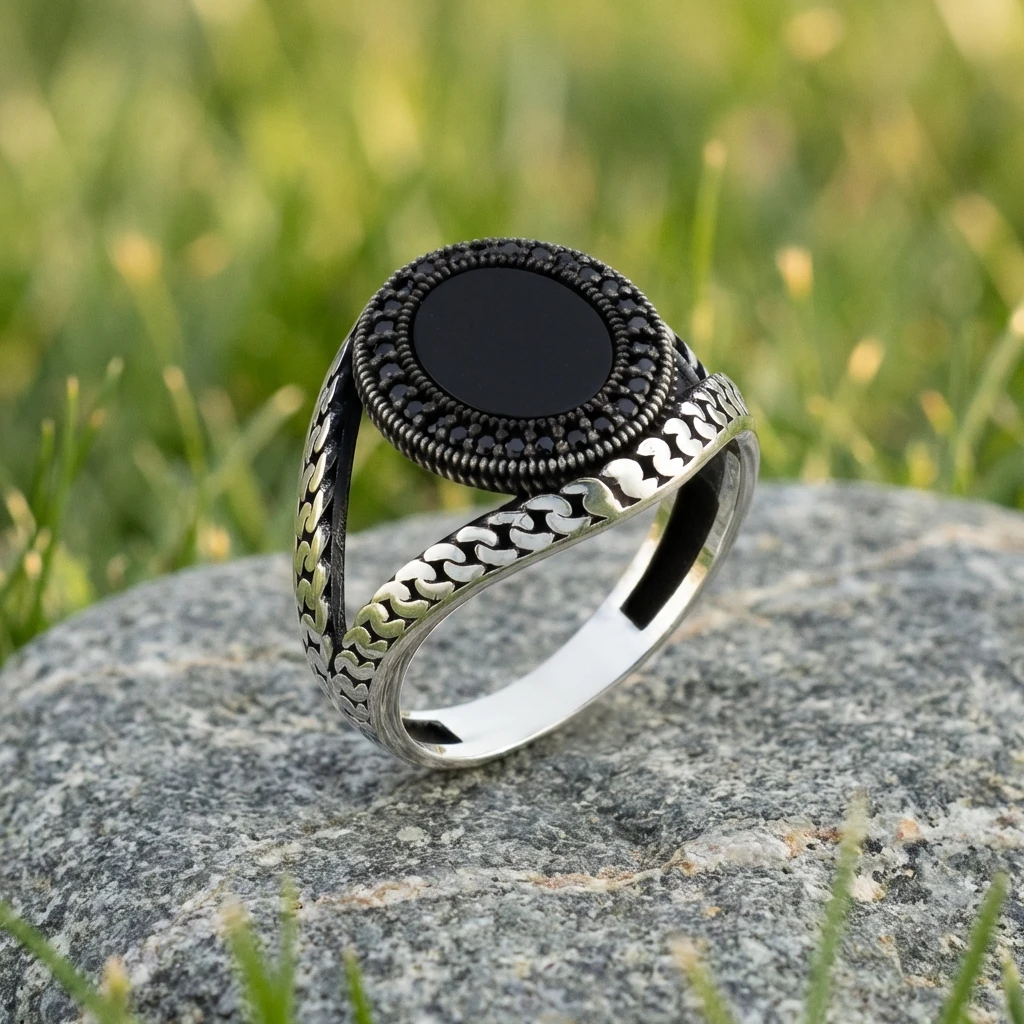 V-Kordon Tasarım Örgü Motifli Siyah Oniks Erkek Yüzük