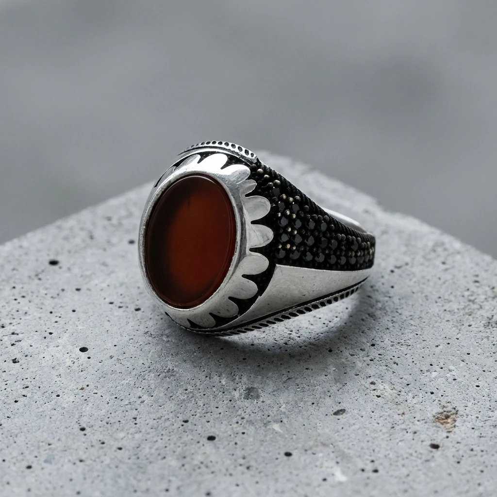Kırmızı Akik Taşlı Mikro Siyah Zirkon İşlemeli Erkek Yüzük