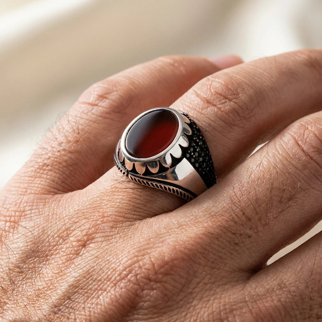 Kırmızı Akik Taşlı Mikro Siyah Zirkon İşlemeli Erkek Yüzük