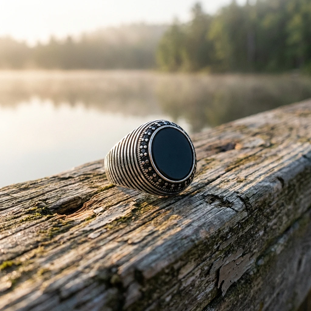 Yatay Çizgi Desenli Oniks Taşlı Ve Siyah Zirkon İşlemeli Erkek Yüzük