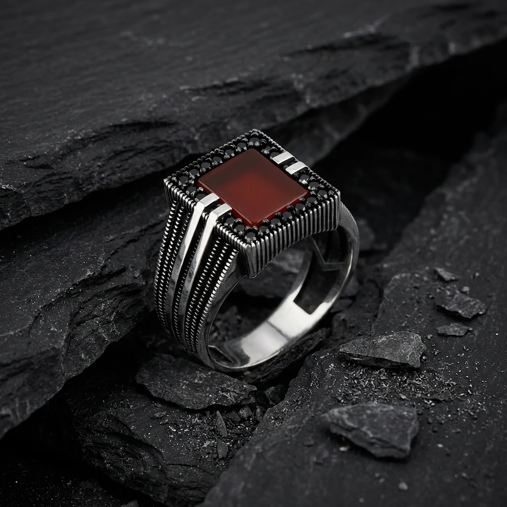Kare Kırmızı Akik Taşlı Siyah Zirkon Mıhlamalı Erkek Yüzük