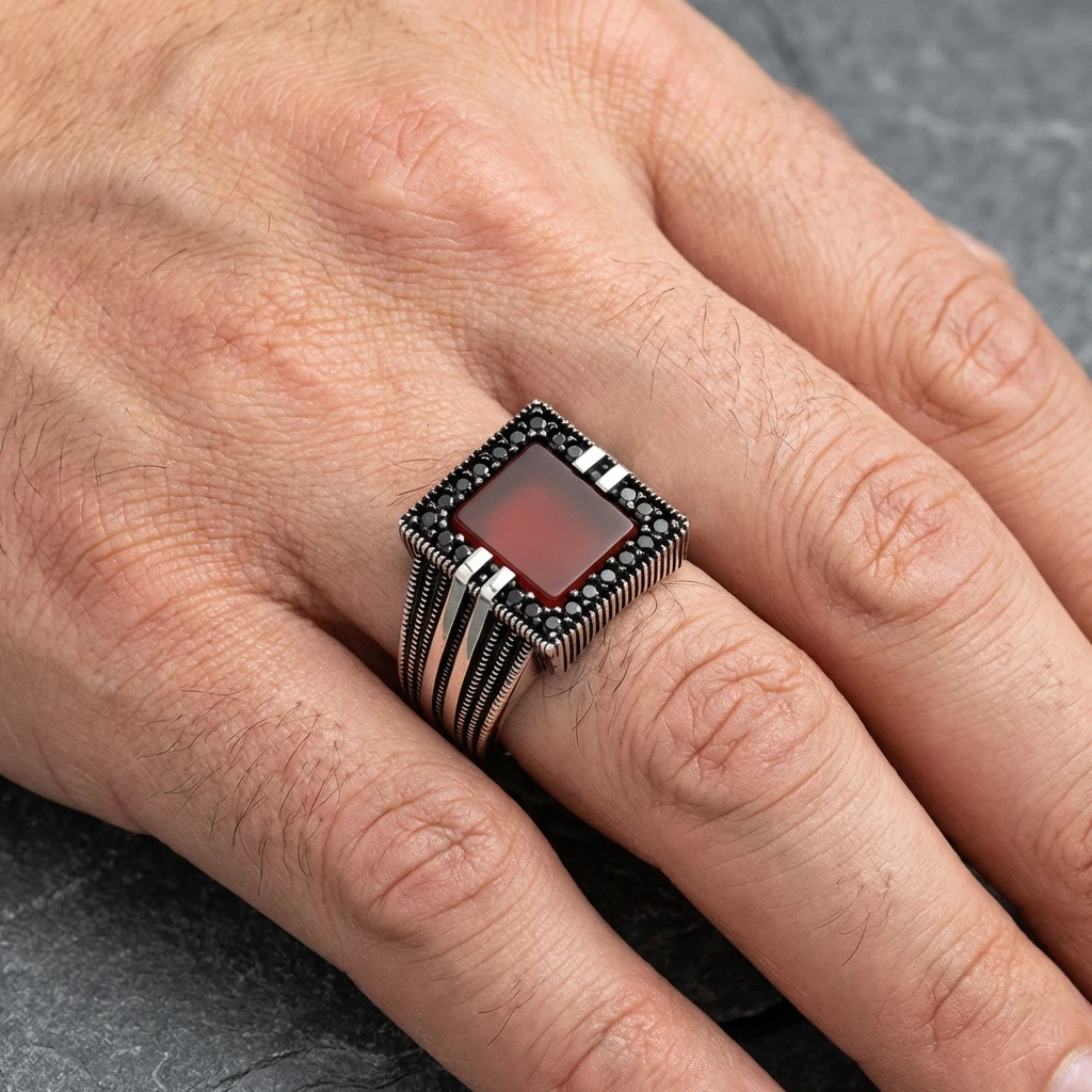 Kare Kırmızı Akik Taşlı Siyah Zirkon Mıhlamalı Erkek Yüzük