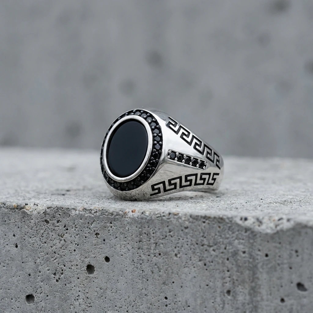Siyah Oniks Taşlı Grek Desenli Oval Erkek Yüzük