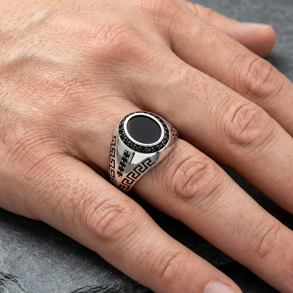 Siyah Oniks Taşlı Grek Desenli Oval Erkek Yüzük