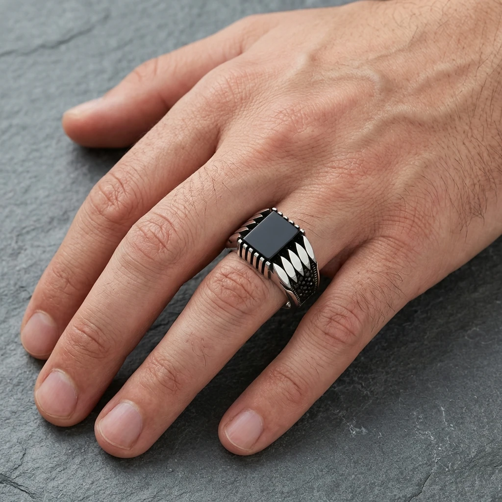 Modern Tasarım Kare Siyah Taşlı Özel İşçilikli Erkek Gümüş Yüzük