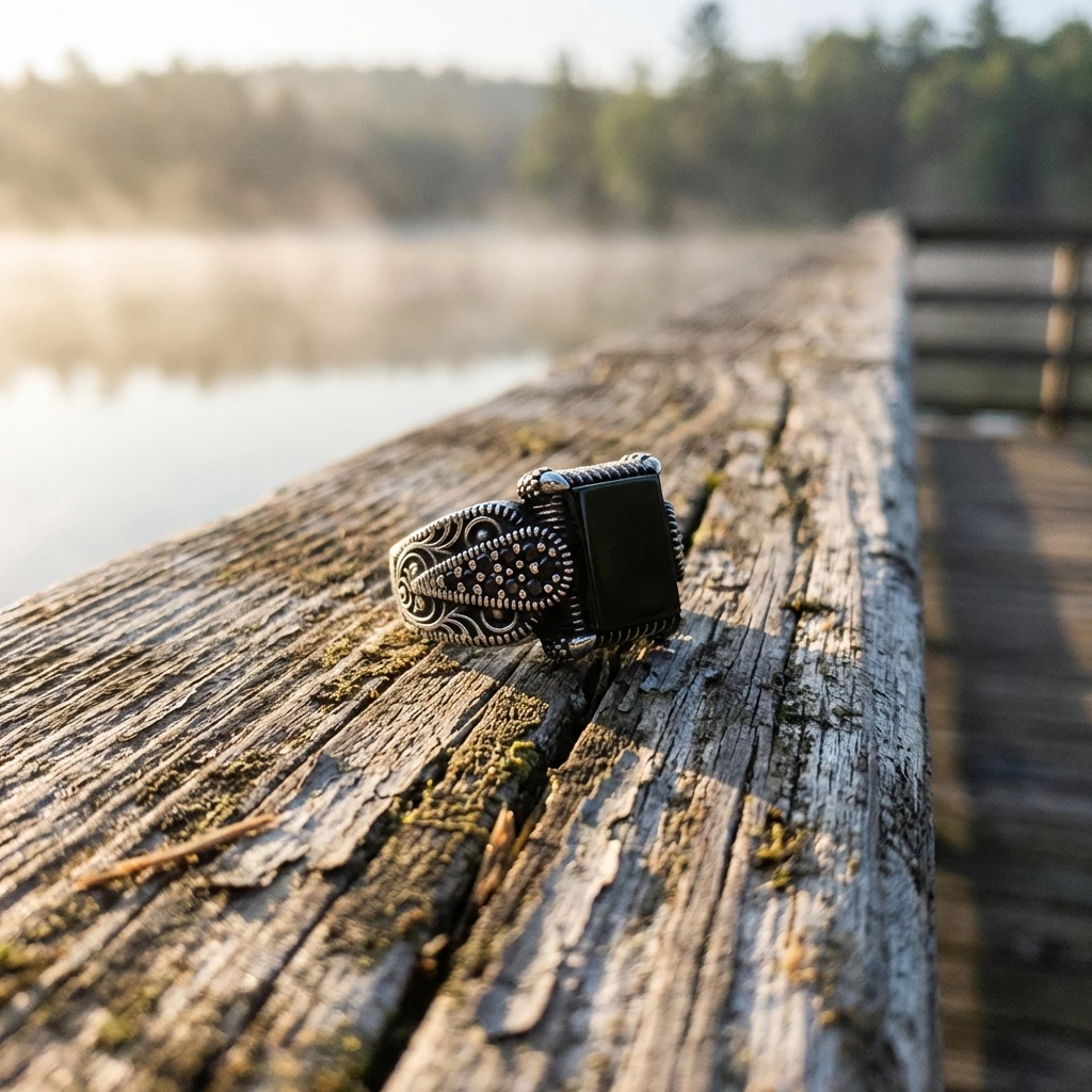 Özel Tasarım Kare Siyah Taşlı Erkek Yüzüğü