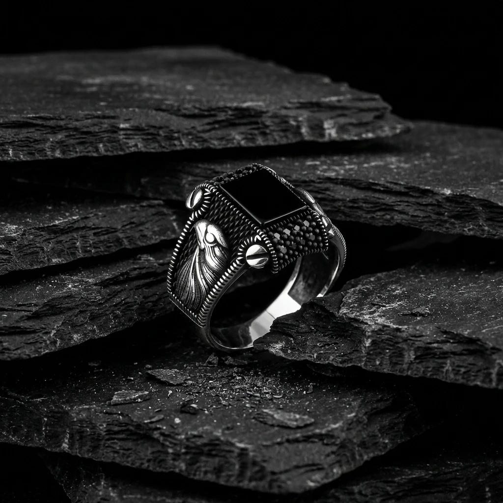 Kartal Figürlü Kare Siyah Oniks Erkek Yüzük