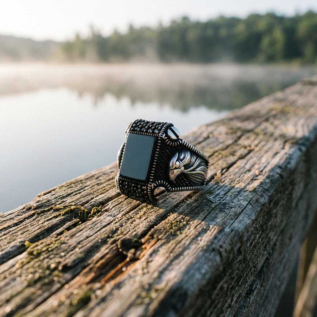 Kartal Figürlü Kare Siyah Oniks Erkek Yüzük