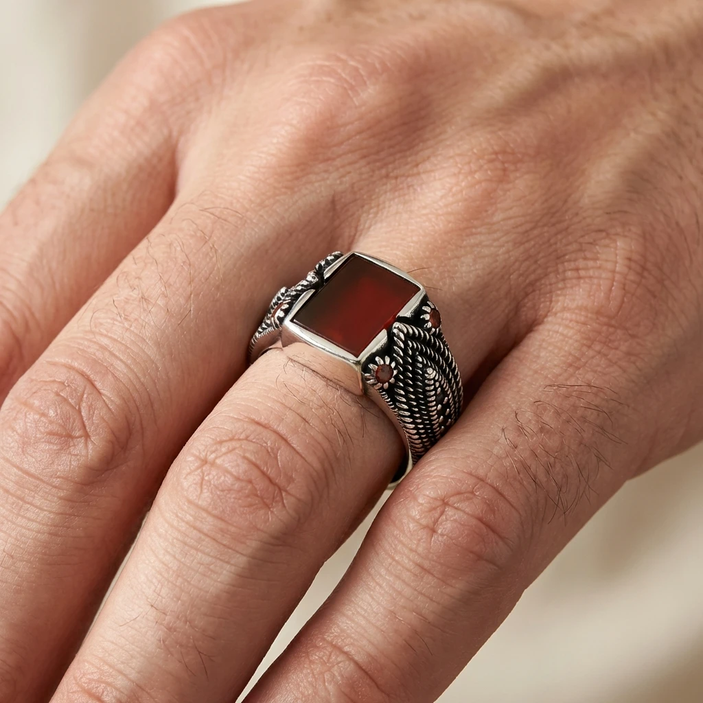 Halat Örgü Desenli Kare Kızıl Akik Erkek Yüzük