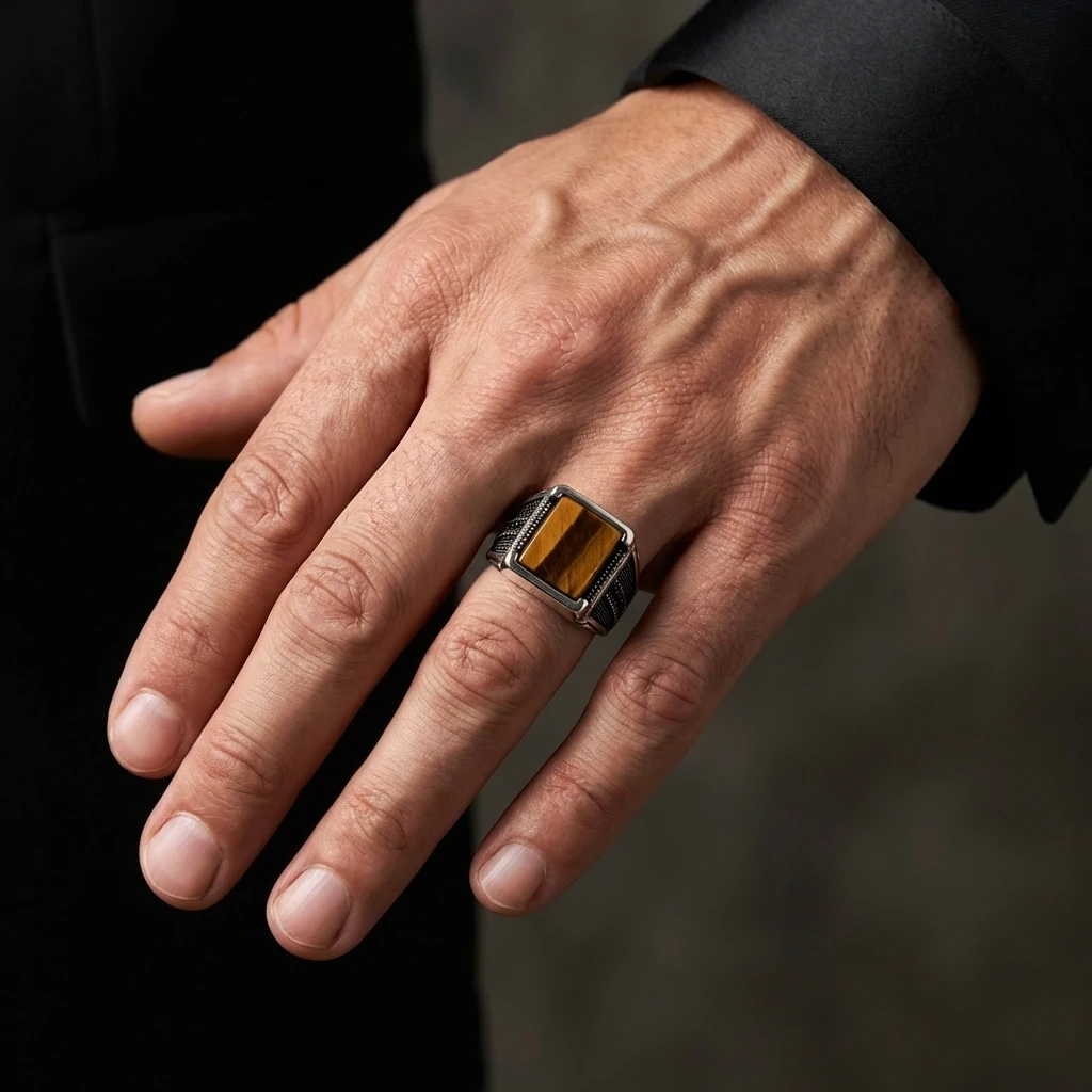 Dikdörtgen Kaplan Gözü Taşlı Modern Tasarım Gümüş Erkek Yüzüğü