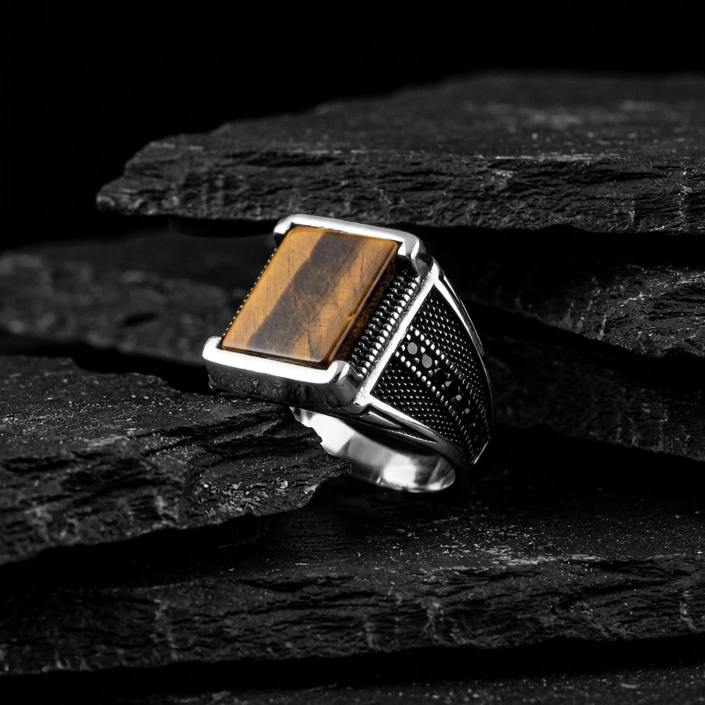 Dikdörtgen Kaplan Gözü Taşlı Modern Tasarım Gümüş Erkek Yüzüğü