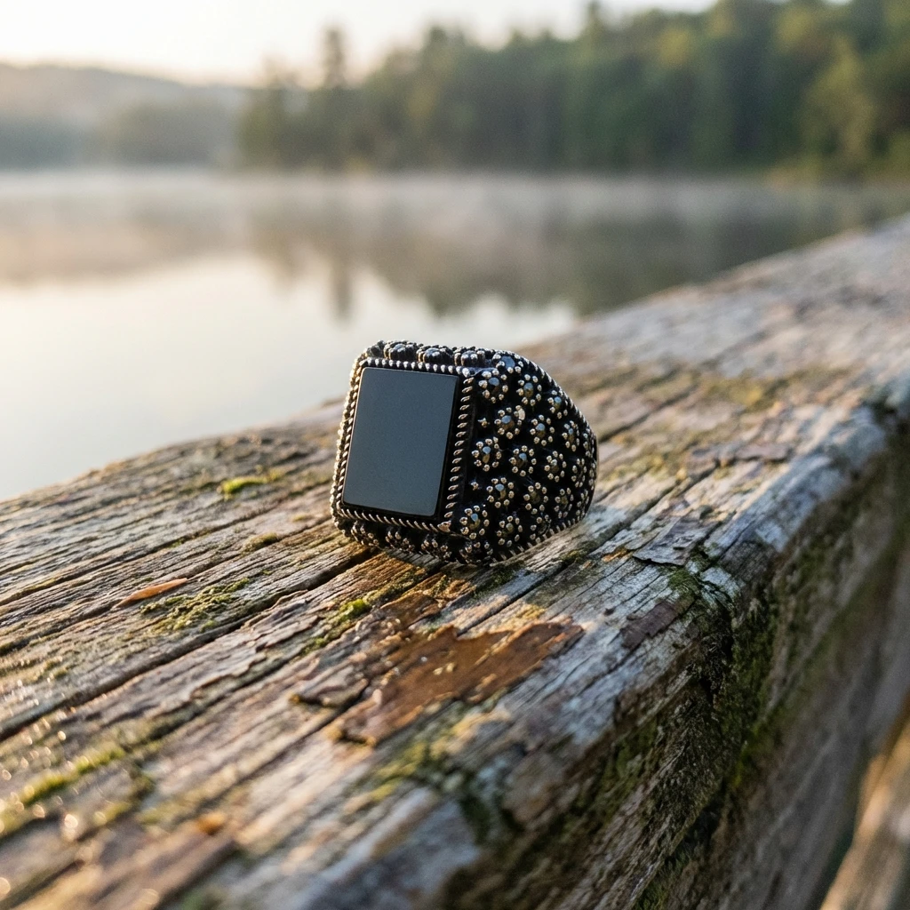 Yanları Dairesel Taş Dizimli Burgu Çerçeveli Gümüş Erkek Yüzüğü