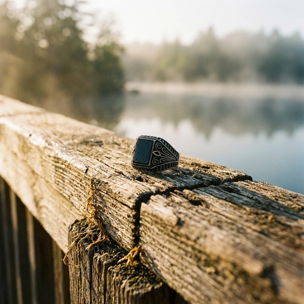 Siyah Kare Taşlı Yanları Yaprak Motifli Mikro Zirkonlu Gümüş Yüzük