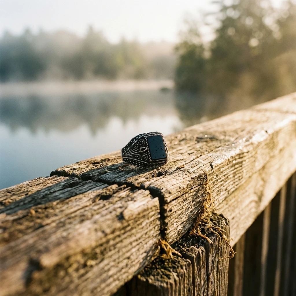 Siyah Kare Taşlı Yanları Yaprak Motifli Mikro Zirkonlu Gümüş Yüzük