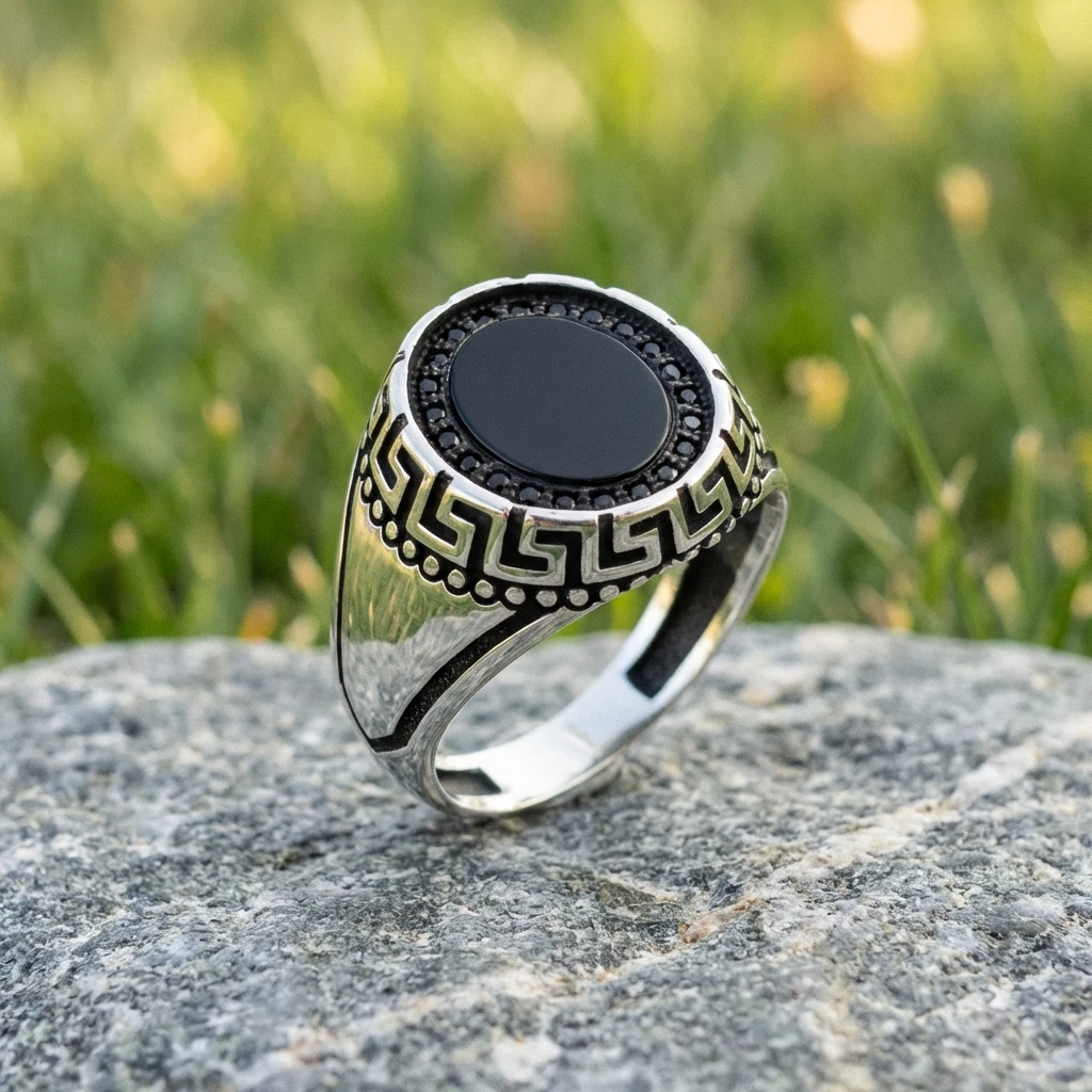 Grek Desenli Oval Siyah Oniks Erkek Yüzük