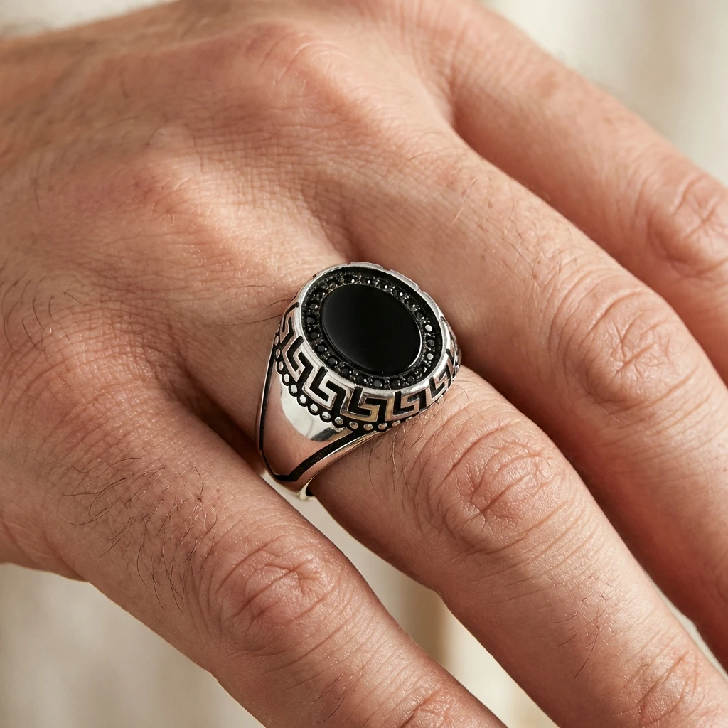Grek Desenli Oval Siyah Oniks Erkek Yüzük