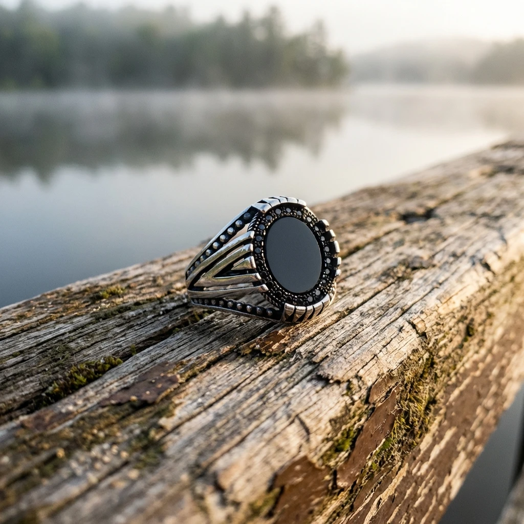 Şerit İşlemeli Yuvarlak Siyah Oniks Erkek Yüzük