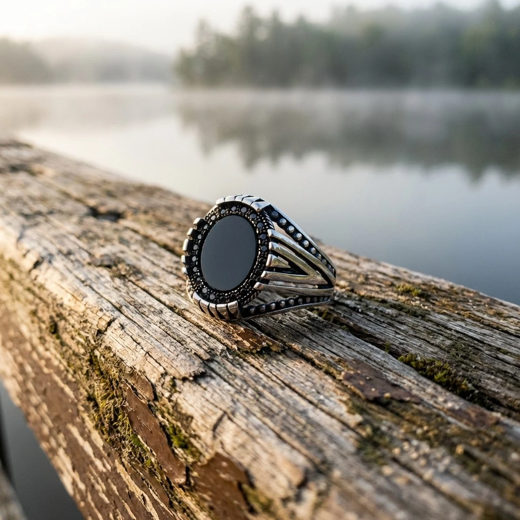 Şerit İşlemeli Yuvarlak Siyah Oniks Erkek Yüzük
